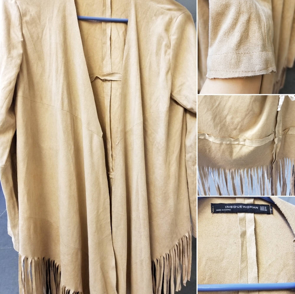 Camel faux suede fringe jacket